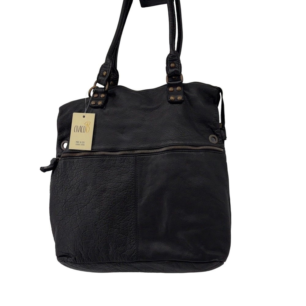 civico93 Tote Handbag 2003 Black Genuine Leather Shoulder Strap Crossbody Italy